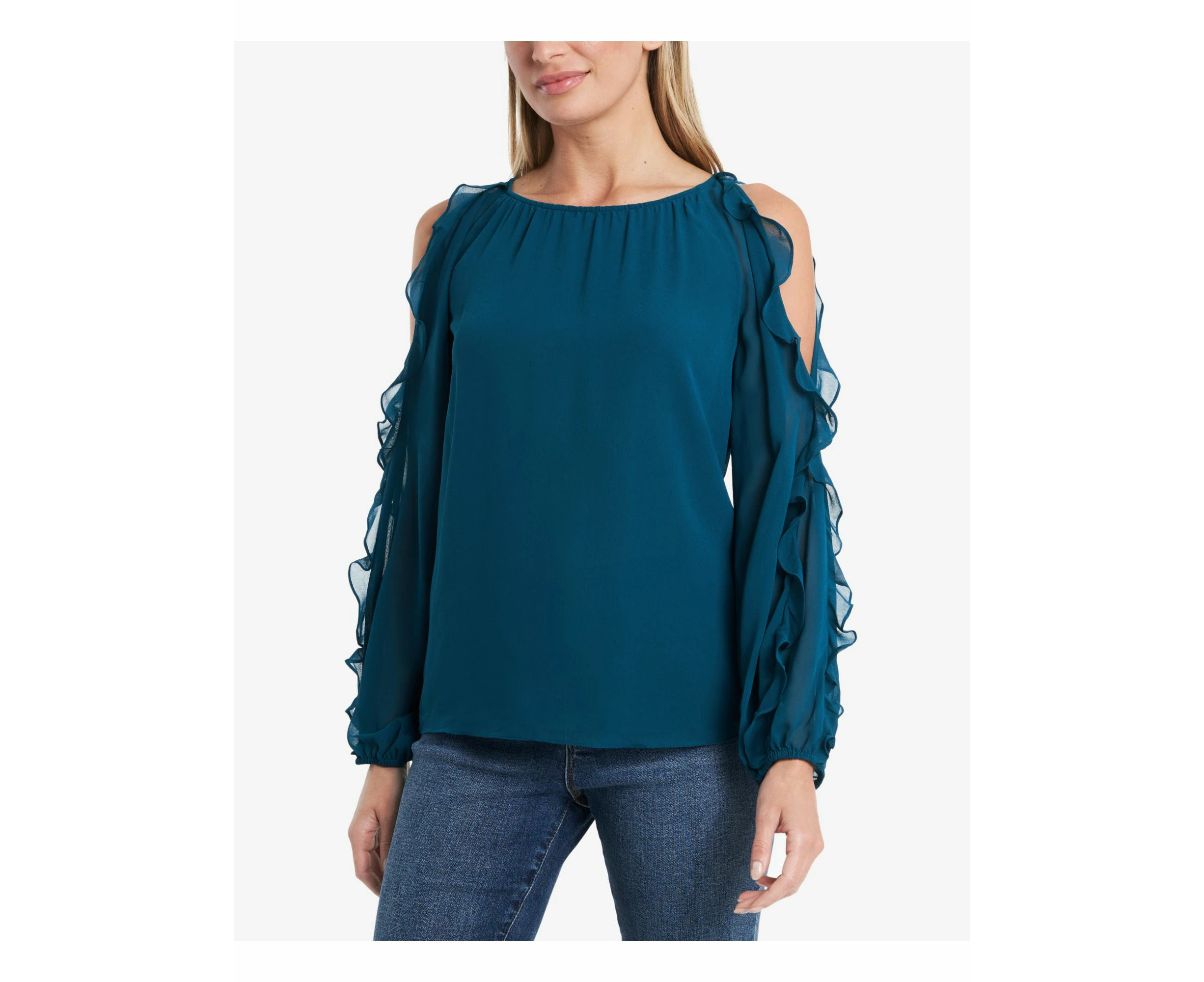 1. STATE Womens Teal Ruffled Cold Shoulder Long Sleeve Scoop Neck Top XS