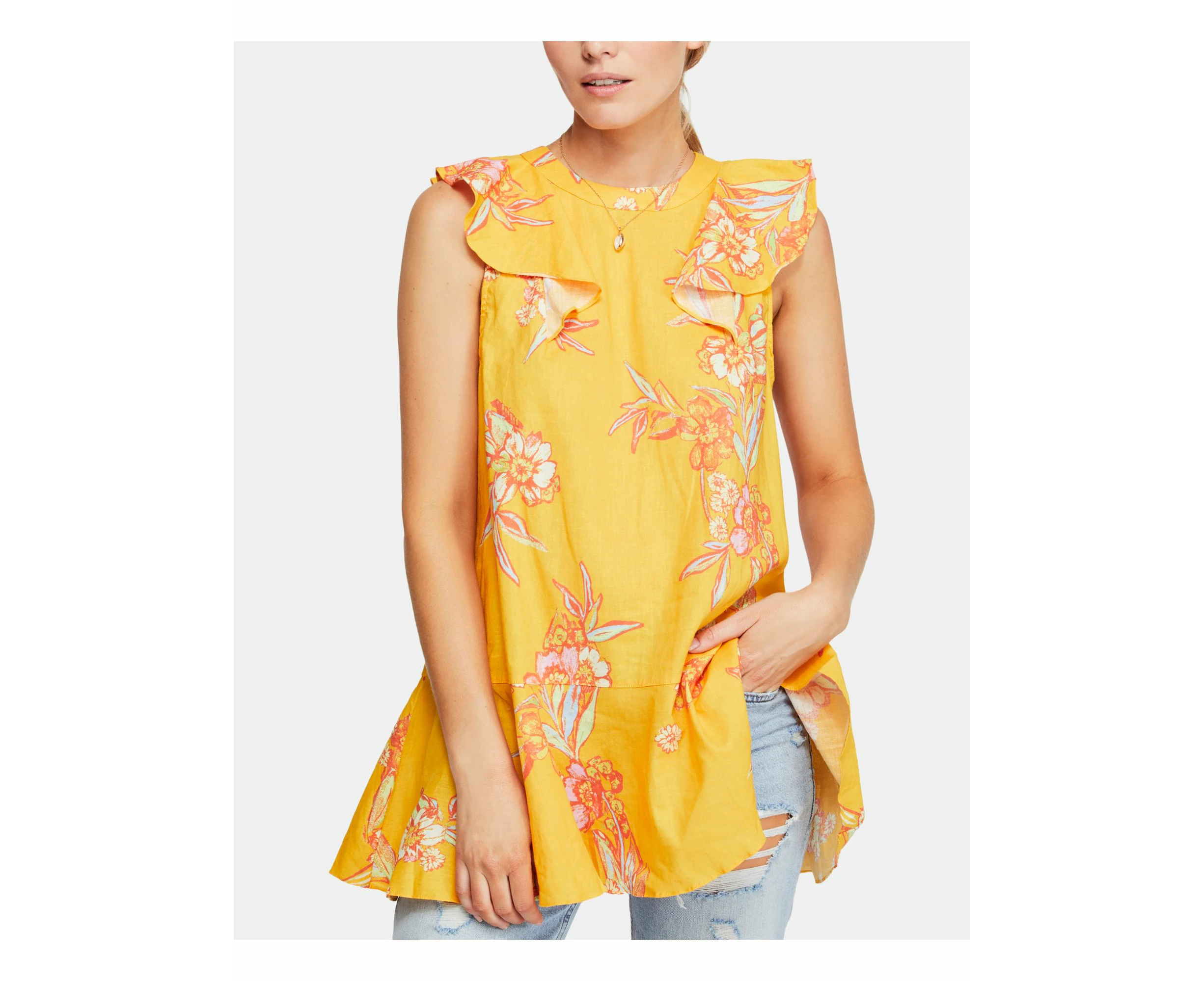 FREE PEOPLE Womens Yellow Ruffled Floral Cap Sleeve Crew Neck Top XS