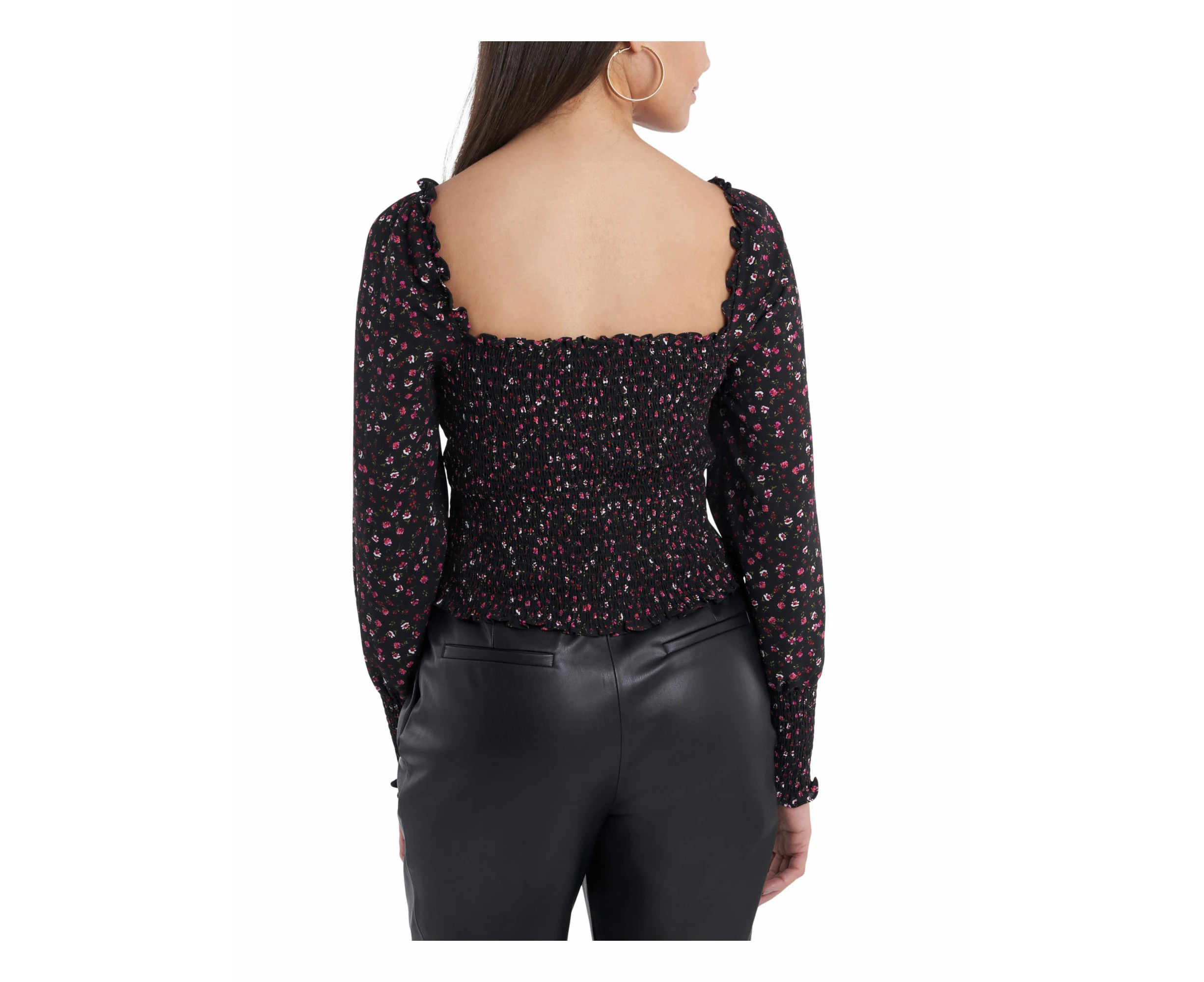 1. STATE Womens Black Stretch Smocked Ruffled Square-back Floral Blouson Sleeve Square Neck Blouse XXS