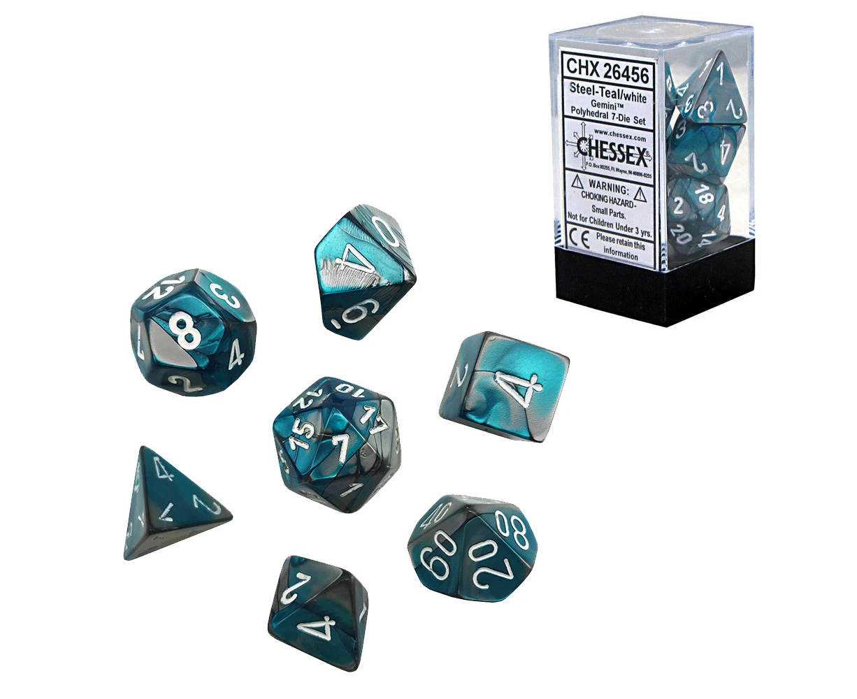 Chessex Gemini Polyhedral 7-Die Dice Set (Steel/Teal and White)