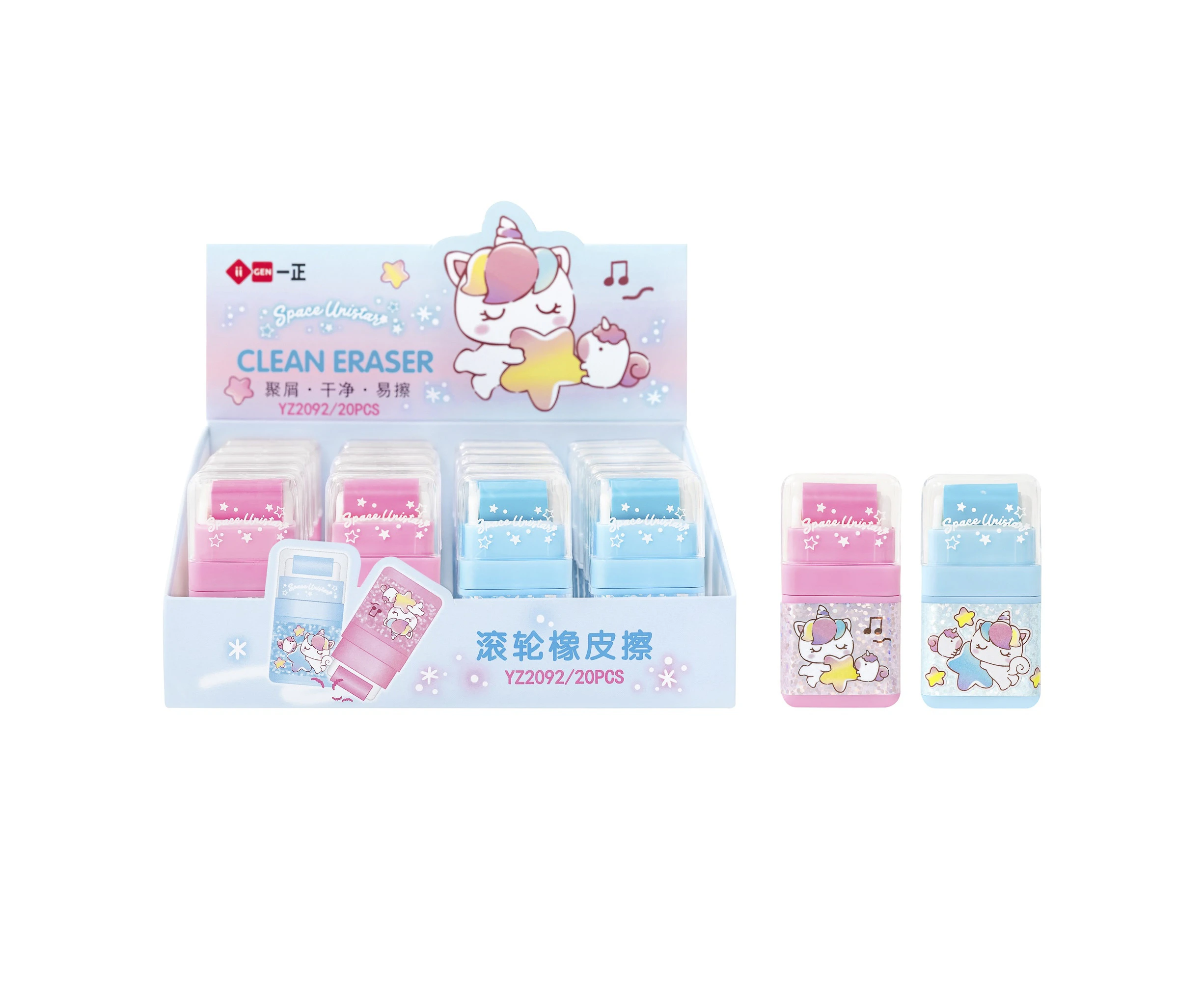 IIGEN 2 in 1 Roller Eraser Cute Cartoon Animal Pencil Rubber for School Office - Unicorn 2Pcs Blue & Pink