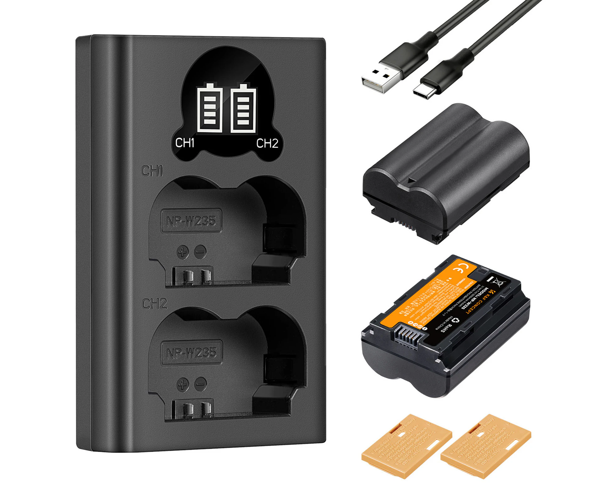 K&F CONCEPT Camera Battery & Charger Kit with 2-slot Battery Charger + 2pcs NP-W235 Batteries 7.4V 2200mAh 16.2Wh + Type-C Charging Cable Replacement for F