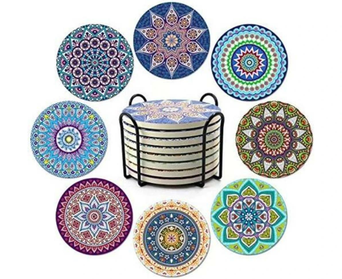 Mandala Inspired Coaster Set (8 Pieces) with Absorbent Ceramic Stone & Cork Backing - Protect Furniture - Fits Various Cup & Mug Size