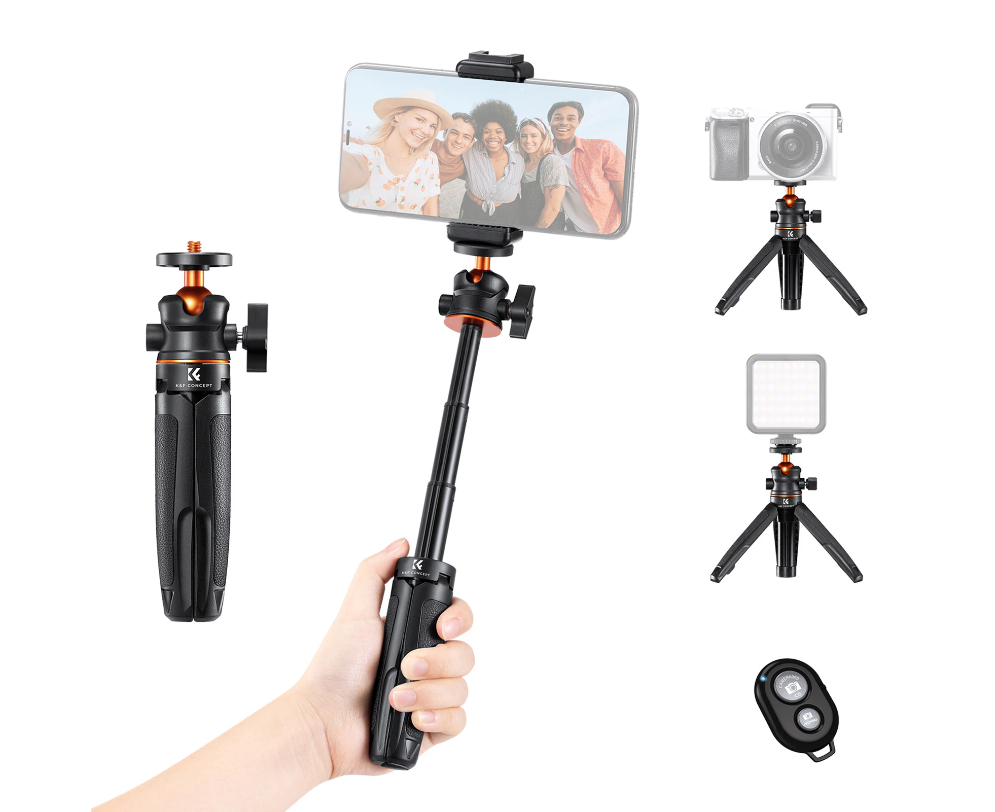 K&F CONCEPT Portable Extendable Selfie Stick Tripod Aluminum Alloy 1/4 In Screw 2kg Load Capacity with Phone Holder Remote Shutter Replacement for iPhone 1