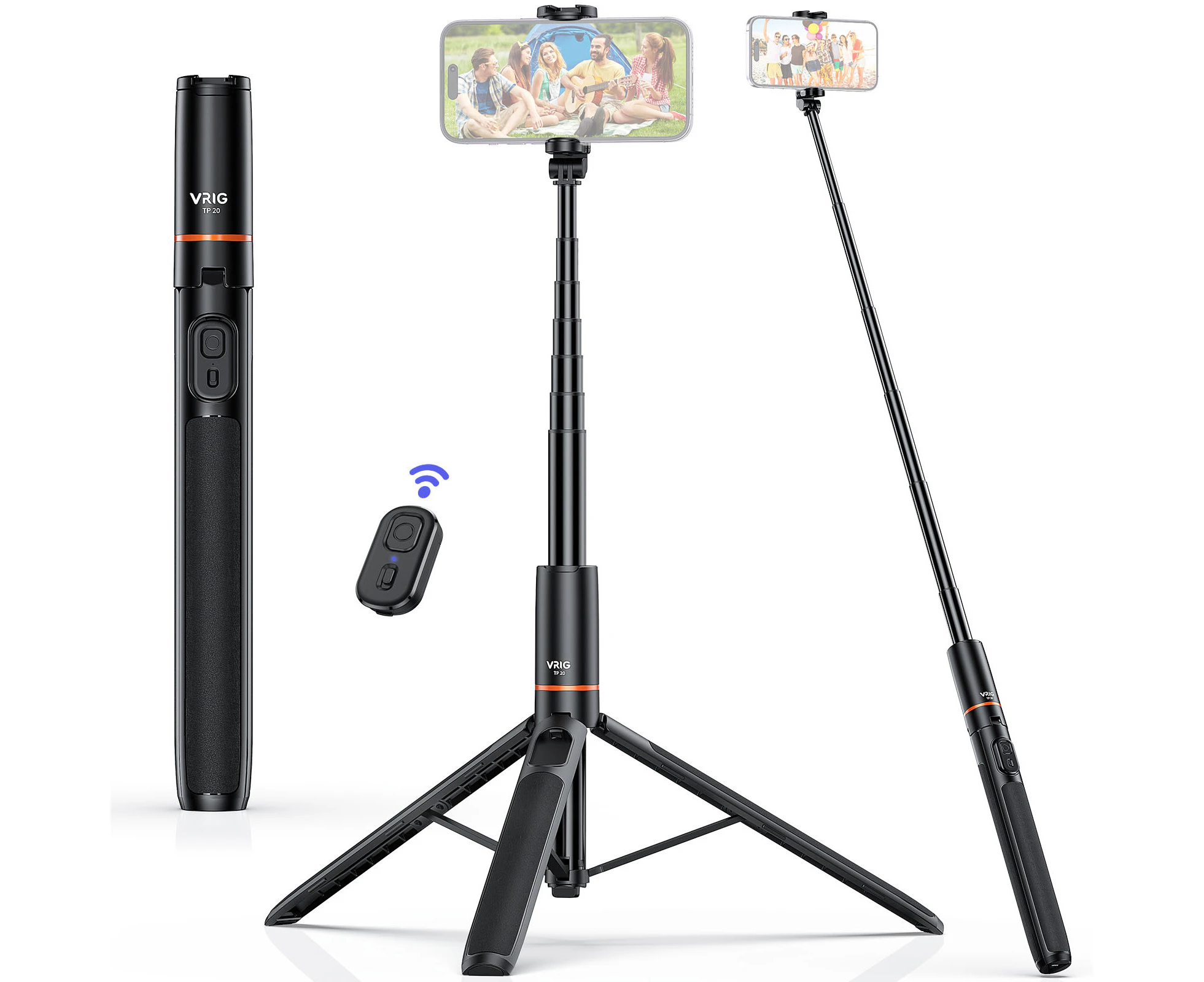 VRIG TP-19 Extendable Selfie Stick Tripod for Phone Max. Length 160cm/63in with Remote Shutter Phone Tripod for Vlog Selfie Live Streaming Group Photo Vide