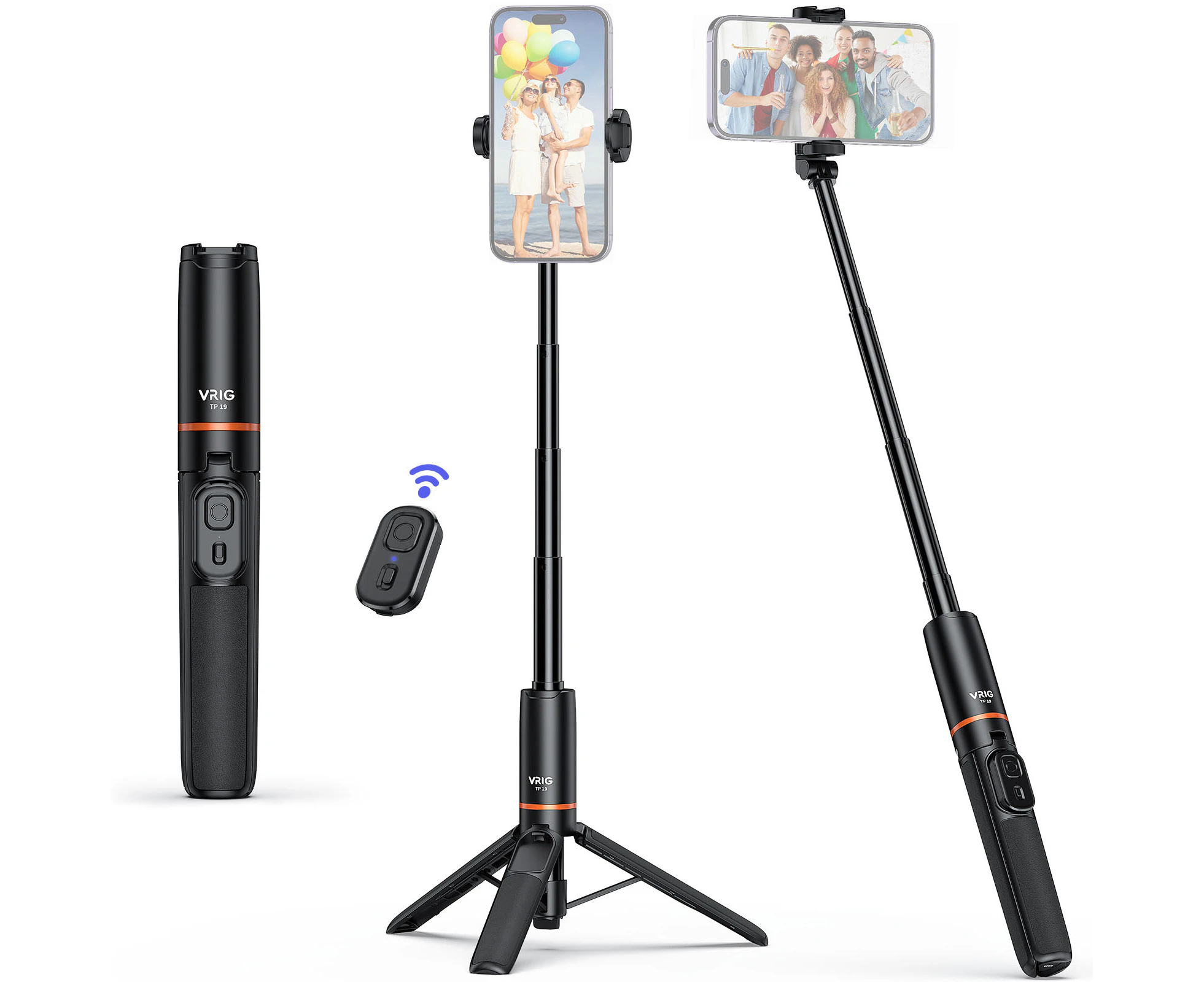 VRIG TP-19 Extendable Selfie Stick Tripod for Phone Max. Length 59.5cm/23.4in with Remote Shutter Phone Tripod for Vlog Selfie Live Streaming Group Photo V