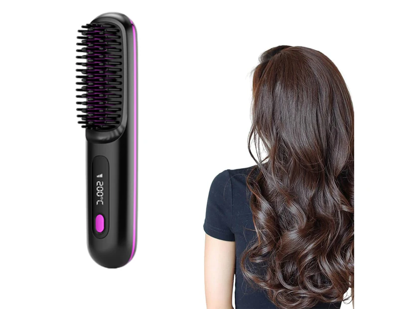 Portable Cordless Hair Straightener Brush with LED Display Negative Ion Heating Hair Straightening Comb-Black