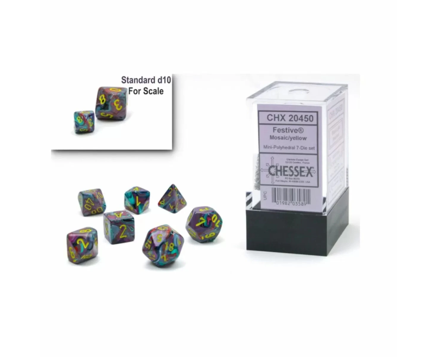 Mosaic with Yellow Festive Black Light Mini-Polyhedral 7-Die Set Chessex CHX20450