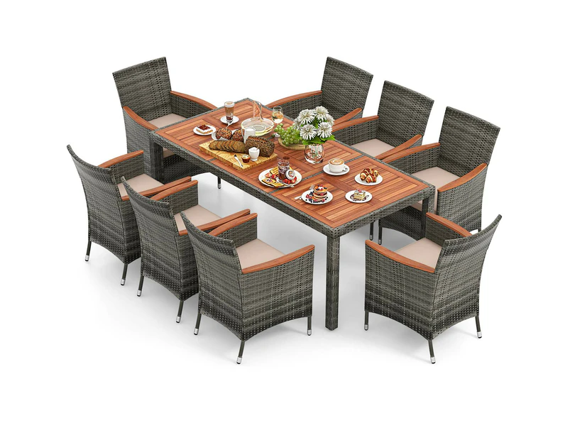 Costway Outdoor Acacia Wood 9 Pieces Wicker Dining Conversation Set for Garden, Yard