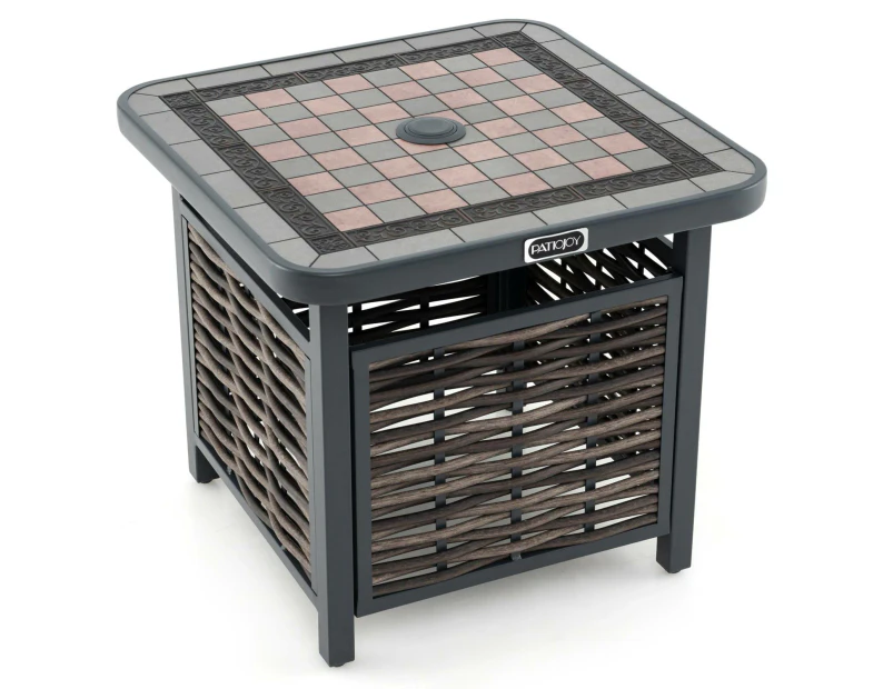 Costway Outdoor Coffee Table Patio Side Table Rattan Square End Table w/Umbrella Hole Garden & Balcony Black