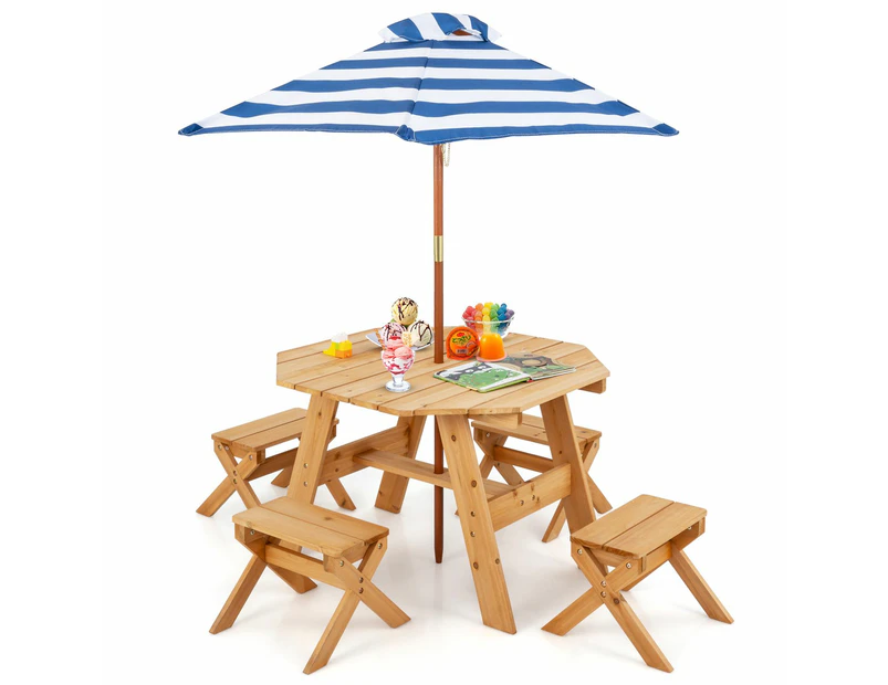 Costway Kids Wooden Table Set Outdoor Picnic Furniture Set w/Removable Umbrella Backyard Garden Natural