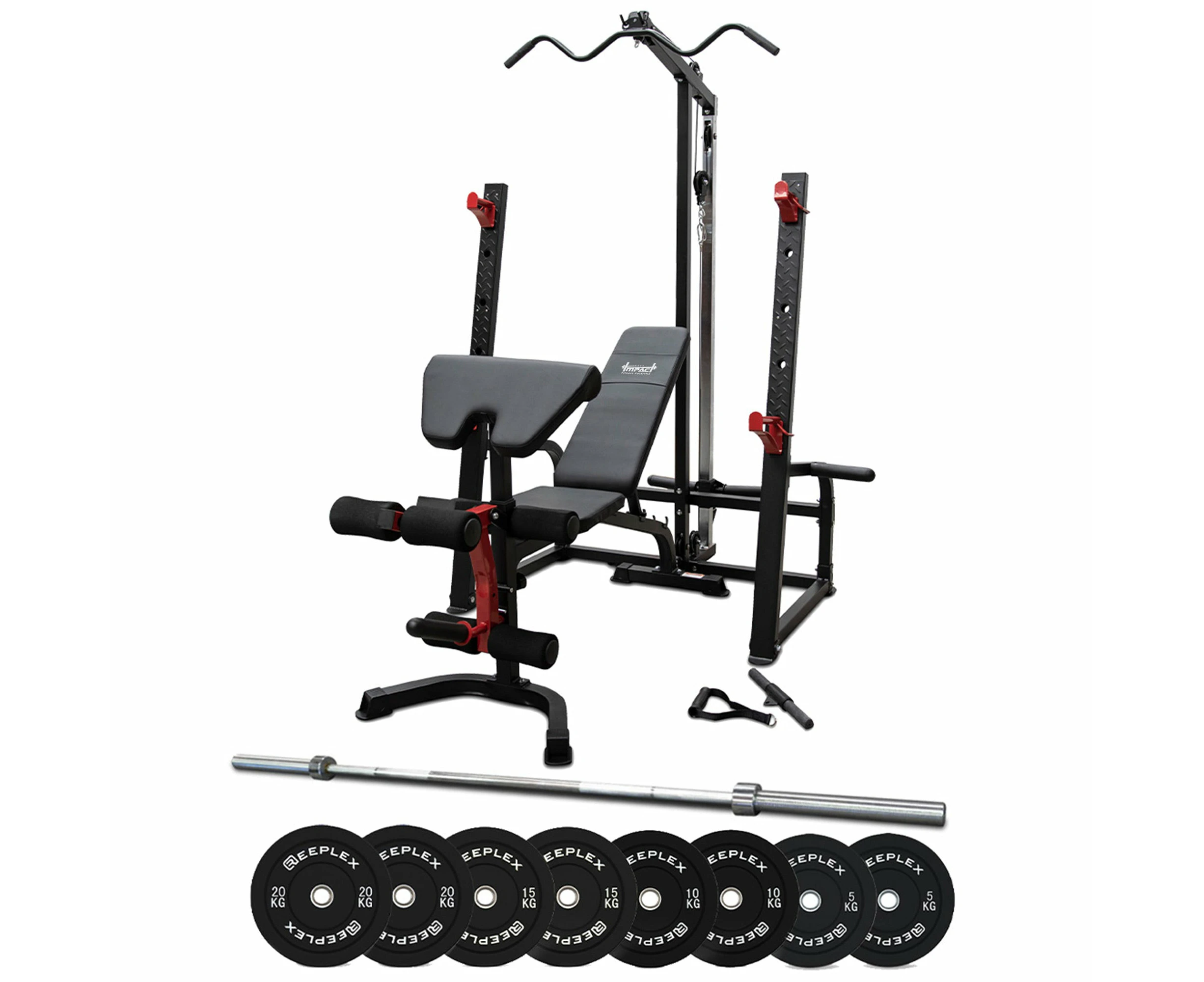 Impact Fitness Squat Rack Lat Pulldown + Adjustable Bench + 120kg Olympic Pro Bumper Weight Set