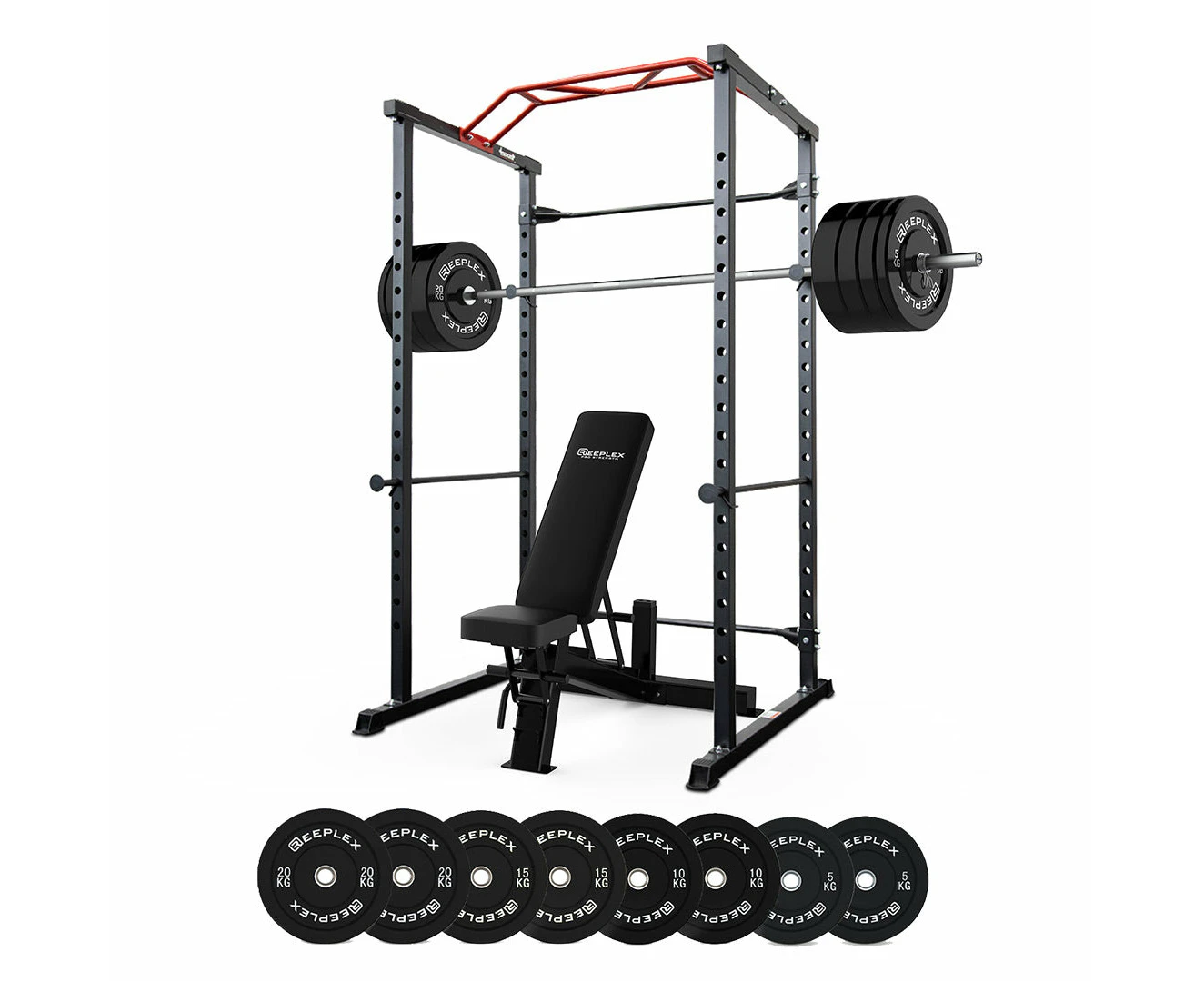 Power Rack + Adjustable Bench + 120kg Black Bumper Weight Set