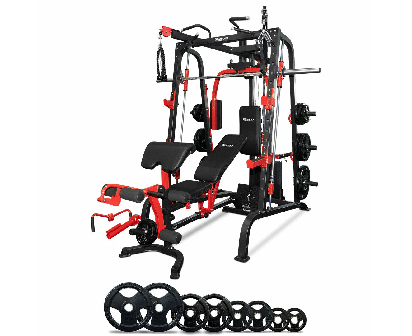 Reeplex SMGX Multi-Station Gym + FID Bench + Weight Plates + Barbell