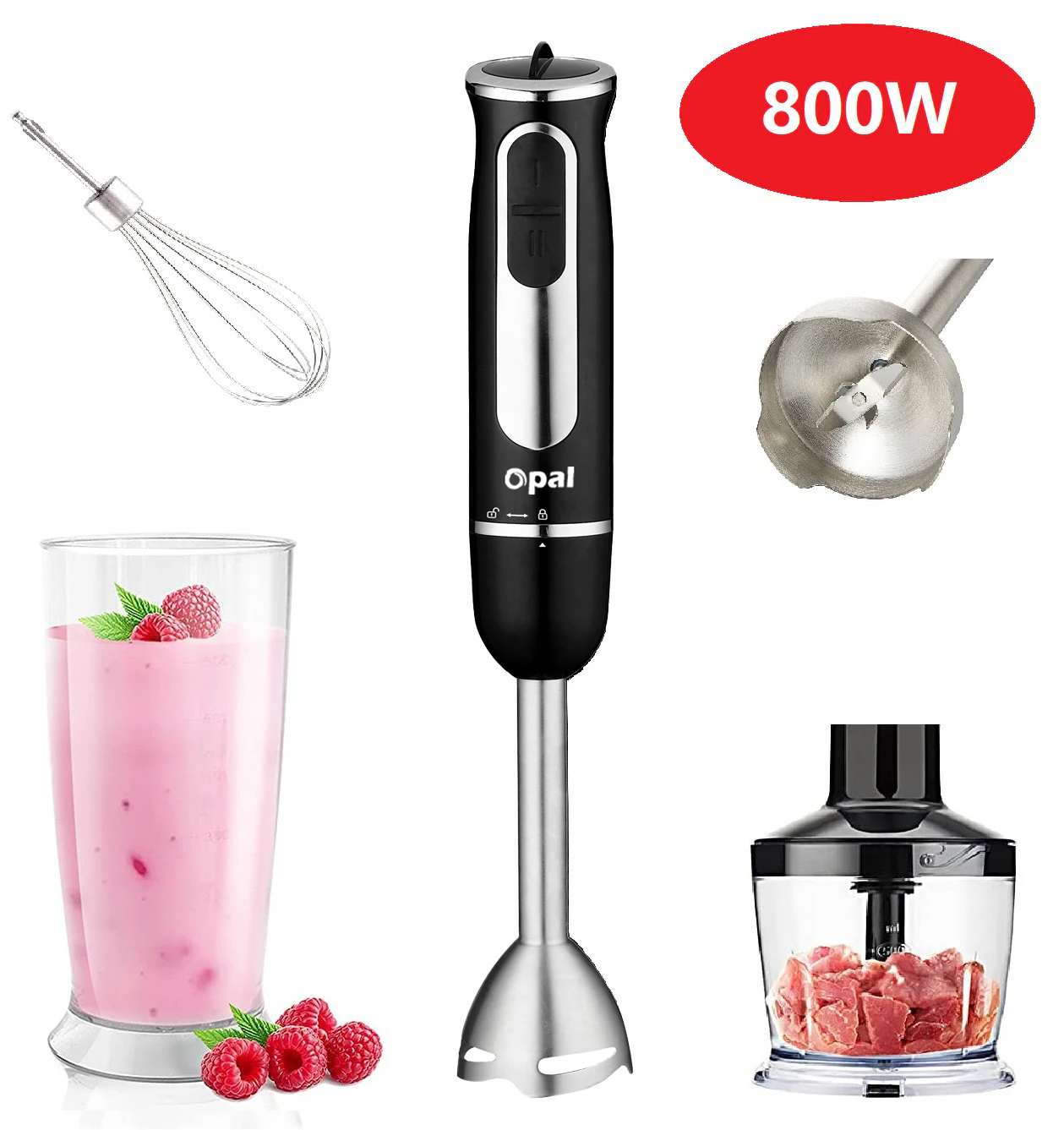 800W Stainless Steel Portable Stick Hand Blender Set Mixer Food Processor