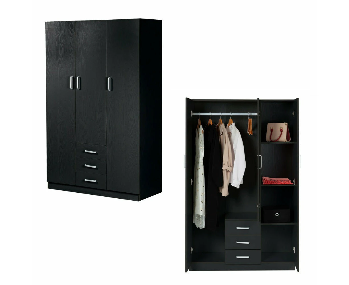 Foret Cabinet Wardrobe Clothes Rack Unit Bedroom Storage Organiser Furniture Black with 3 drawers