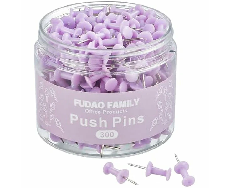 300pcs Push Pins for Bulletin Board, Thumb Tacks for Wall Corkboard, Map Pins - Home Office School Craft Projects Plastic Head Steel Push Pin (Purple)