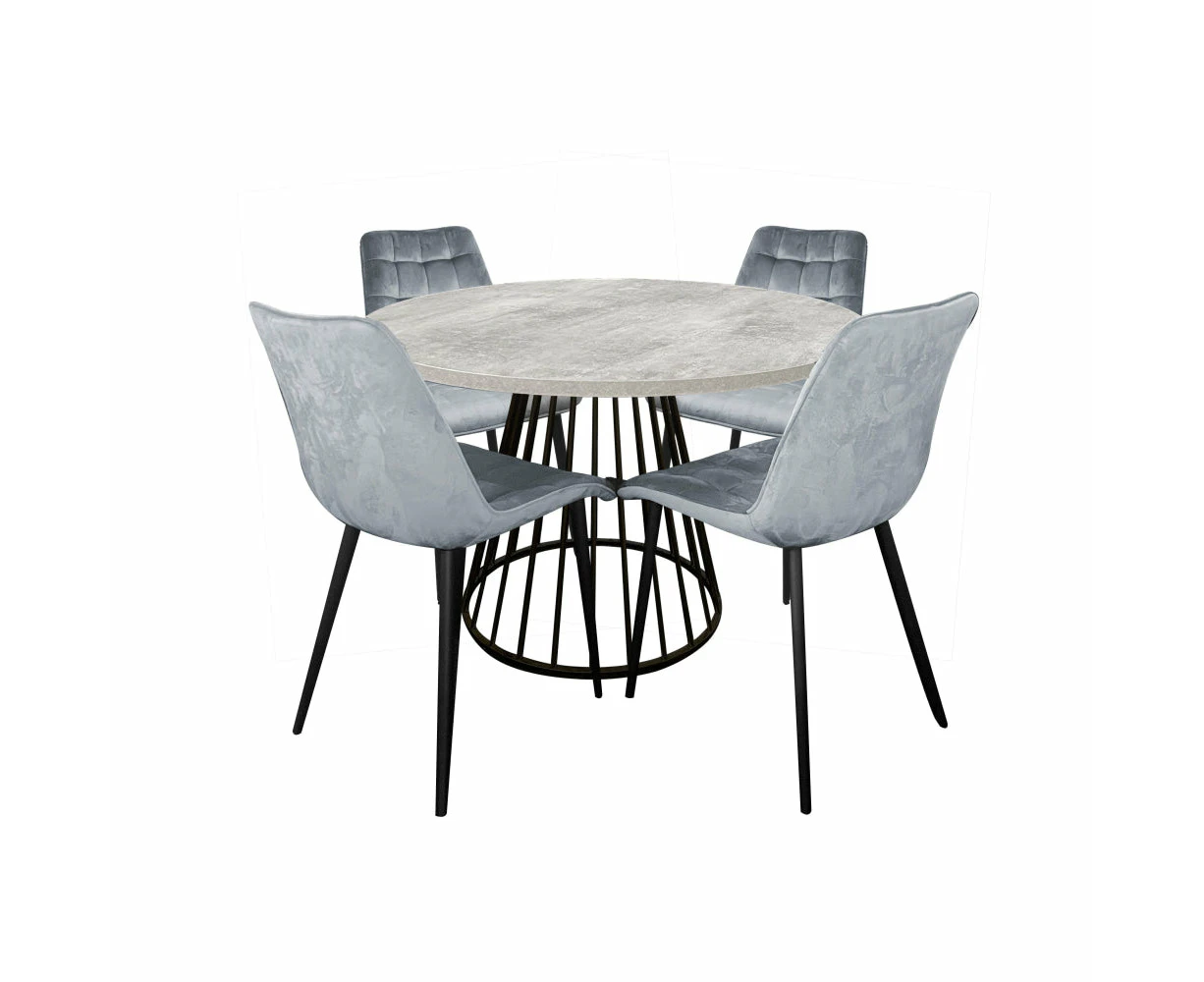 HomeStar 5Pc Dining Set Matilda Round Dining Table 110cm Faux Cement Look & 4 Lainey Fabric Velvet Dining Chair Grey