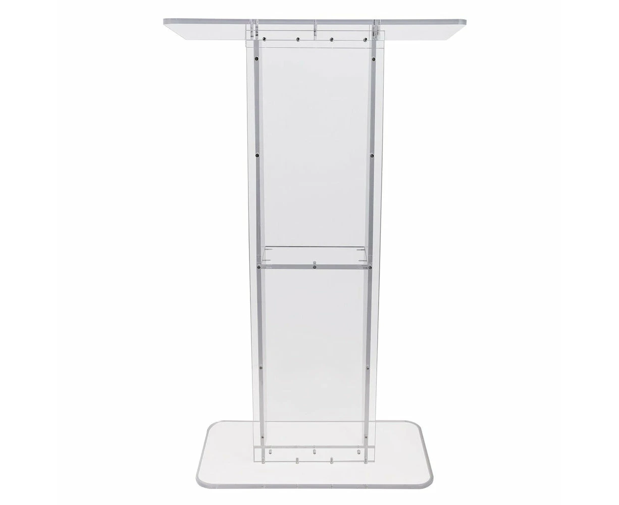 Acrylic Podium Stand with Storage Shelf  (119 cm White)