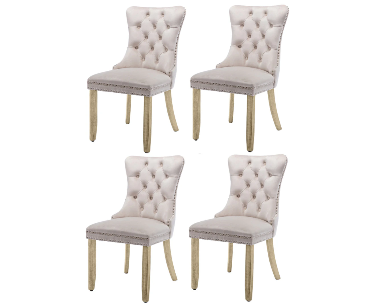 4x Velvet Dining Chairs Upholstered Tufted Kithcen Chair with Solid Wood Legs Stud Trim and Ring-Beige