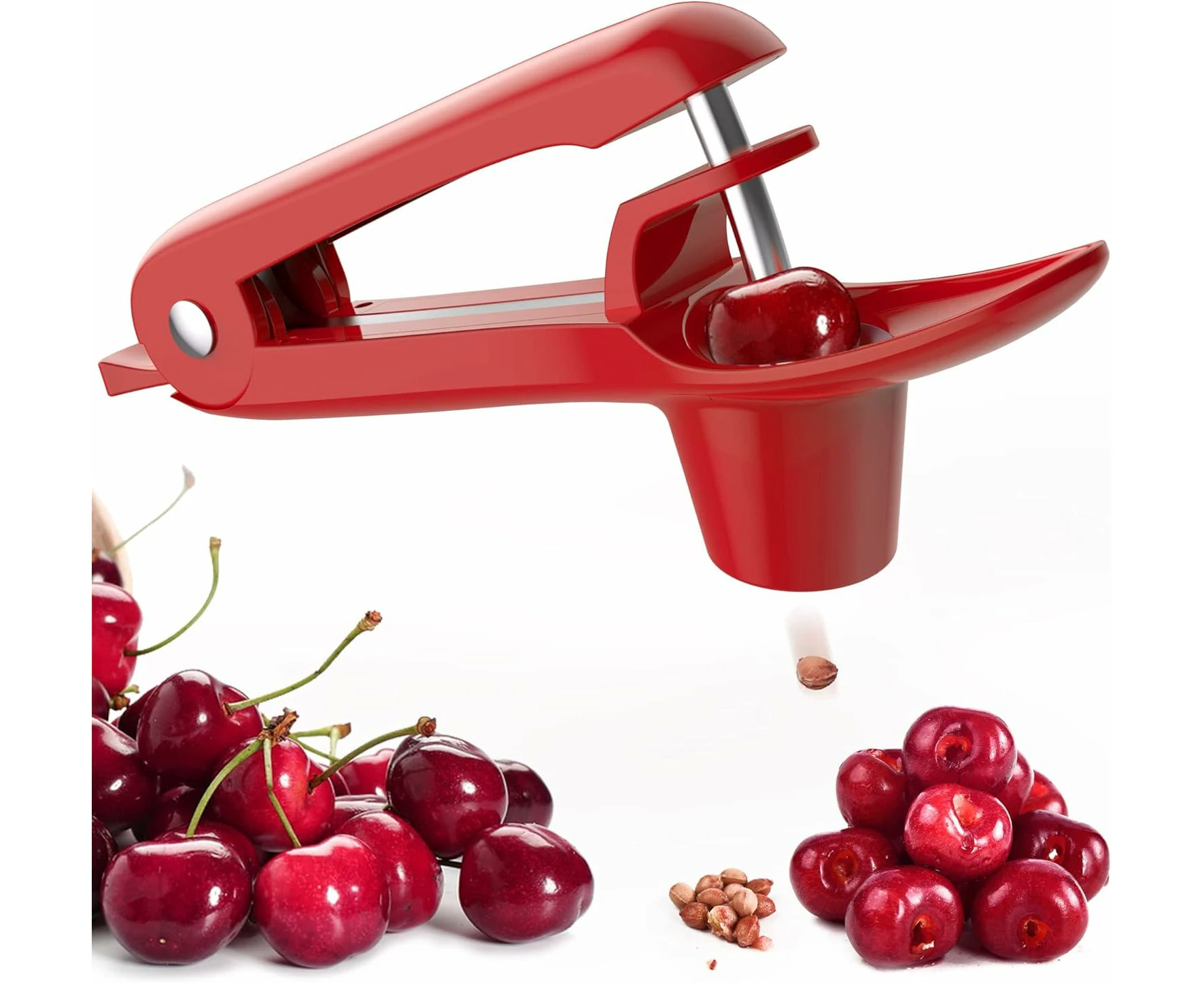 Cherry pitter with handheld push design saves time and space for making cherry jam with lock design-red