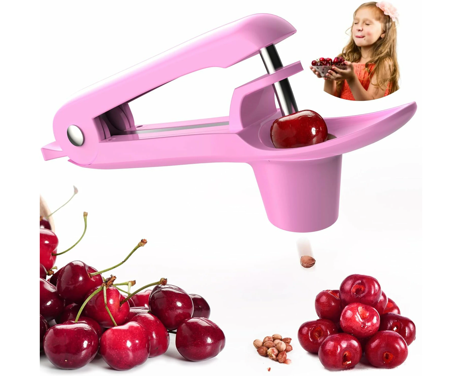 Cherry pitter with handheld push design saves time and space for making cherry jam with lock design-pink