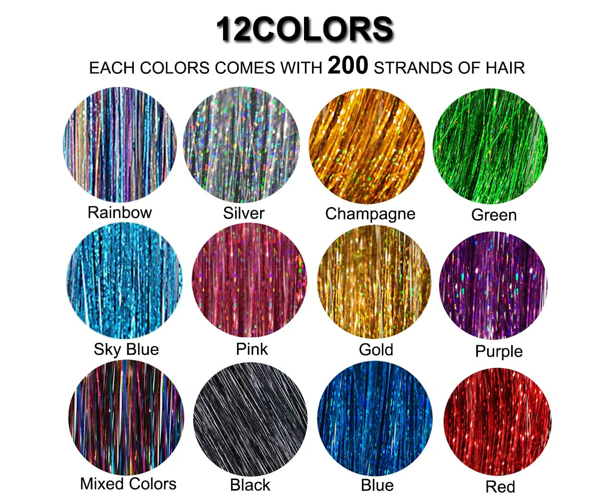 12 Colors Hair Tinsel Kit with Tools 2400 Strands Glitter Tinsel Hair Extensions Heat Resistant Women Girl Kids 47Inch