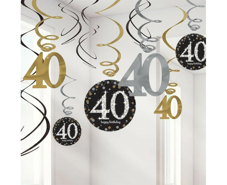 40th Birthday Sparkling Black Hanging Swirl Decorations