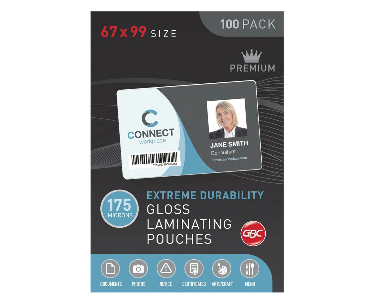 175 Micron Badge Gloss Laminating Pouches, Pack 100 - 67x99mm