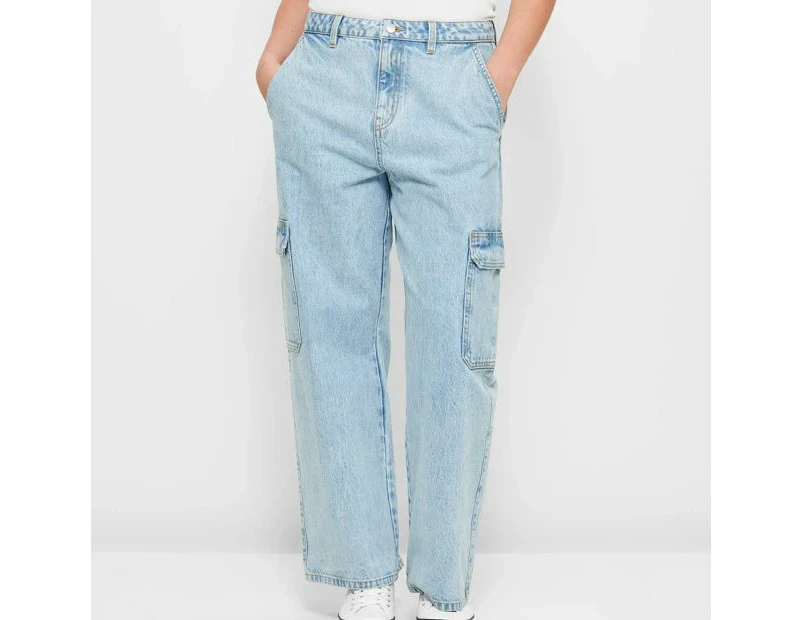 High Rise Denim Cargo Jeans - Lily Loves - Blue