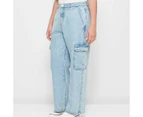 High Rise Denim Cargo Jeans - Lily Loves - Blue