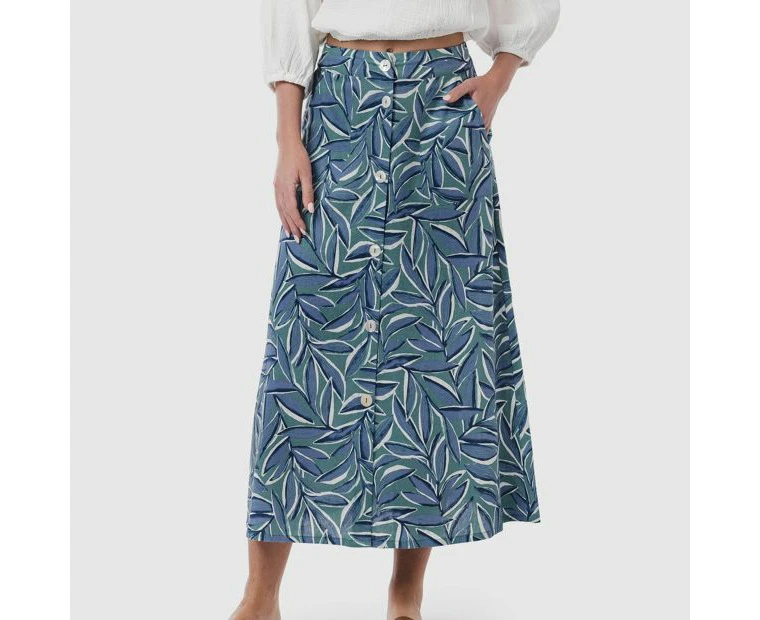 Linen Blend Button Through Midi Skirt - Piping Hot