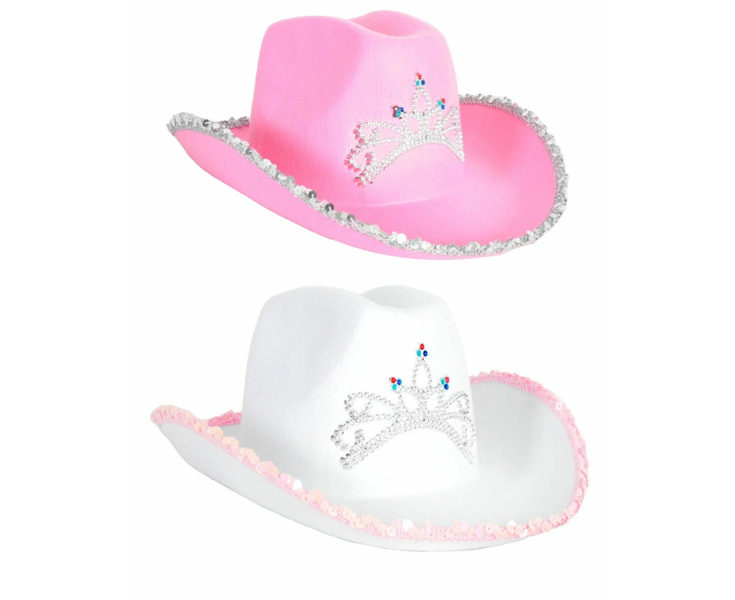 Sequin Rim Cowboy Hat with Tiara - White