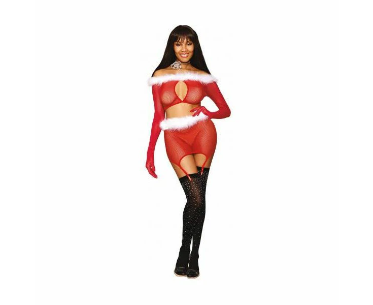 Dreamgirl Santa Baby Seamless Fishnet 2 Piece Garter Set Ruby Red Seductive Lingerie For Women Model: O/s Perfect For Festive Role Play And Intimate M