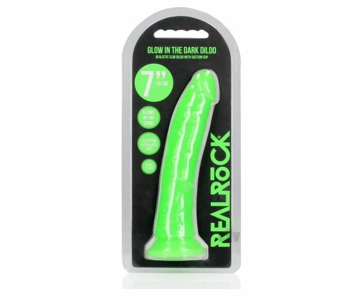 Realrock 7 Slim Glow In The Dark Dildo Neon Green, Unisex Anal And Vaginal Pleasure Toy