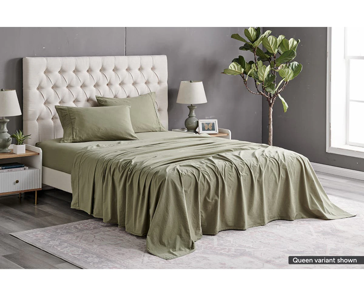 Brosa Sydney Stonewash Cotton Bed Sheet Set - Oil Green