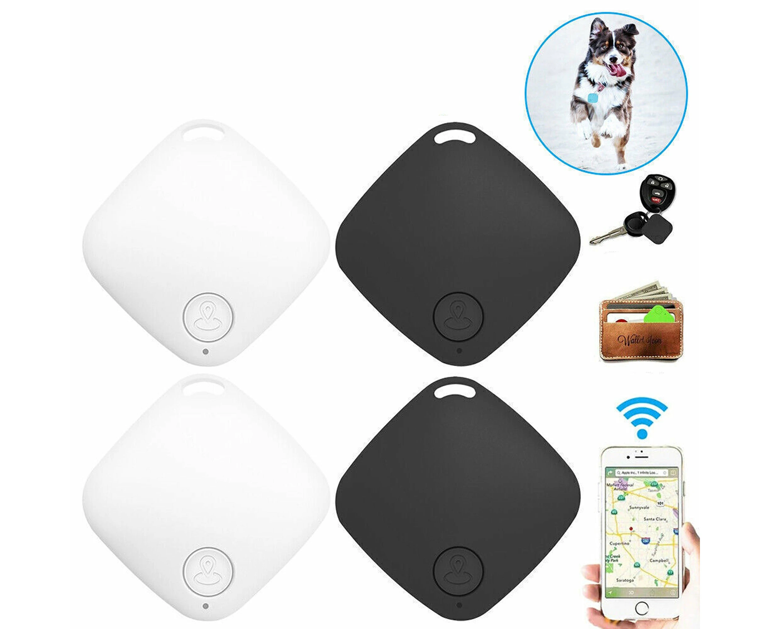 Mini GPS Tracker Anti Lost Smart Alarm Bluetooth Locator for Pet Kids Key Finder - 2pcs White and 2pcs Black