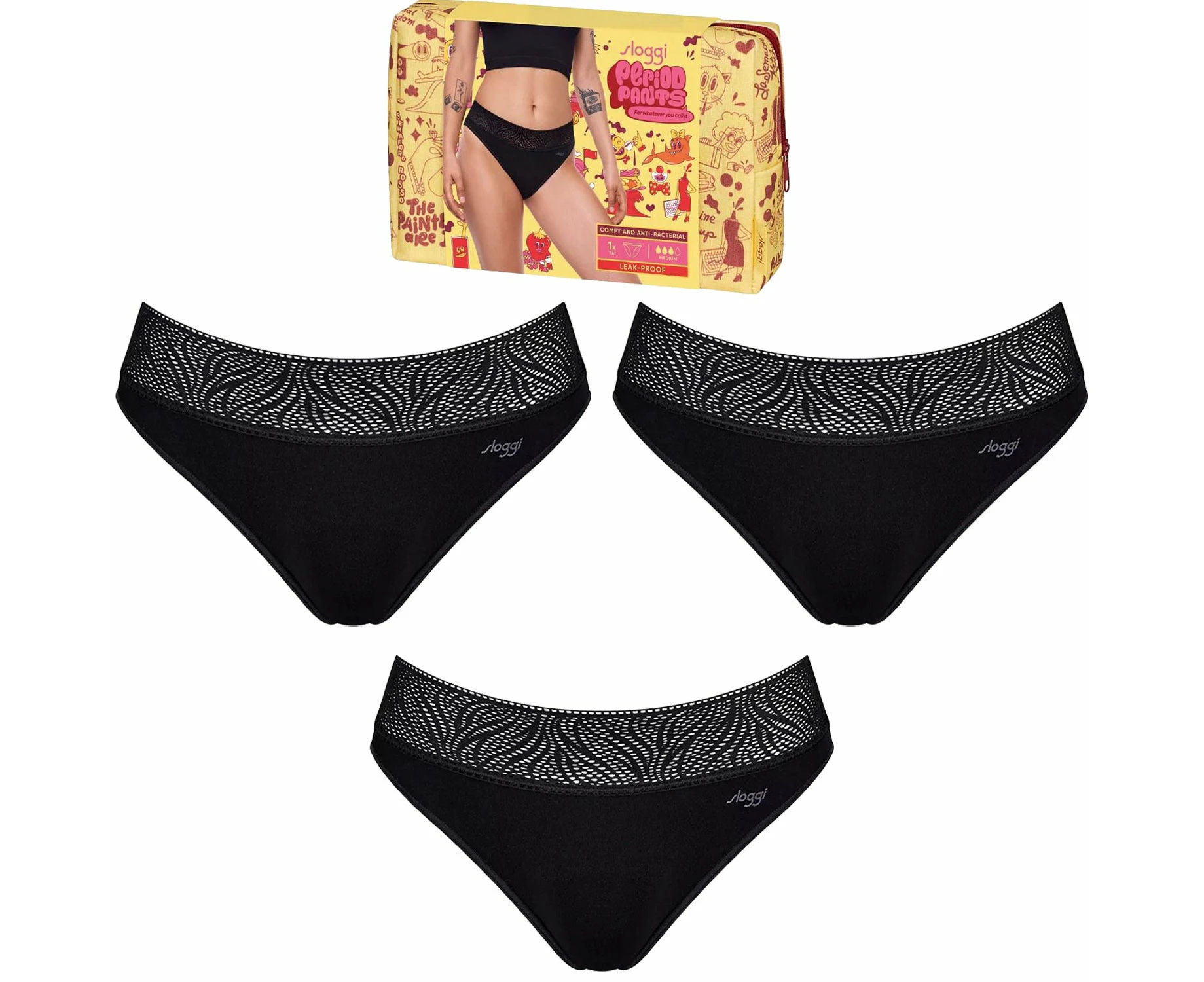 3x Sloggi Period Pants Tai Medium Leakproof Womens Underwear Panties Black Undies Bulk