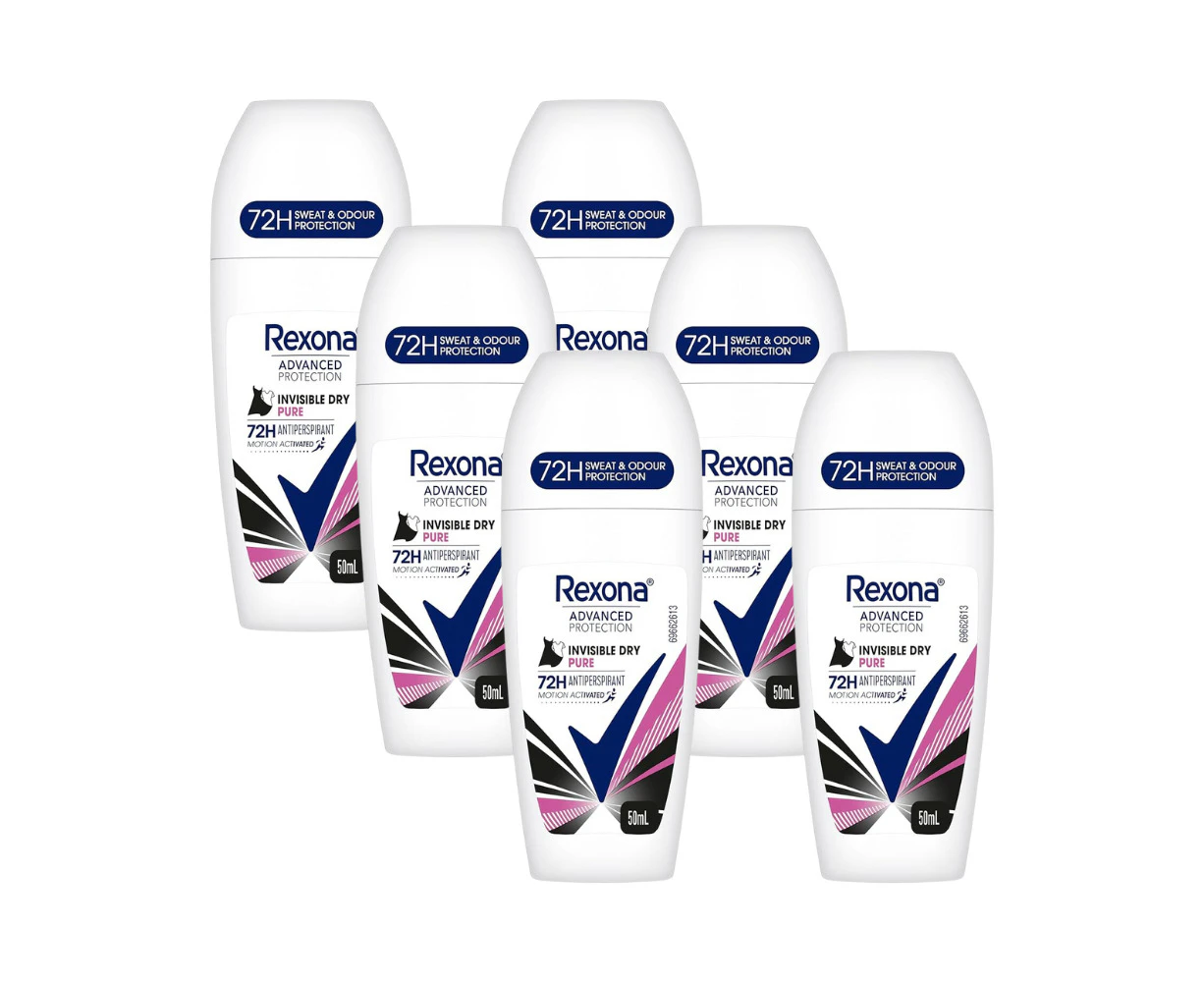 6 x Rexona Advanced Protection Roll On Deodorant Invisible Dry Pure Women 50mL