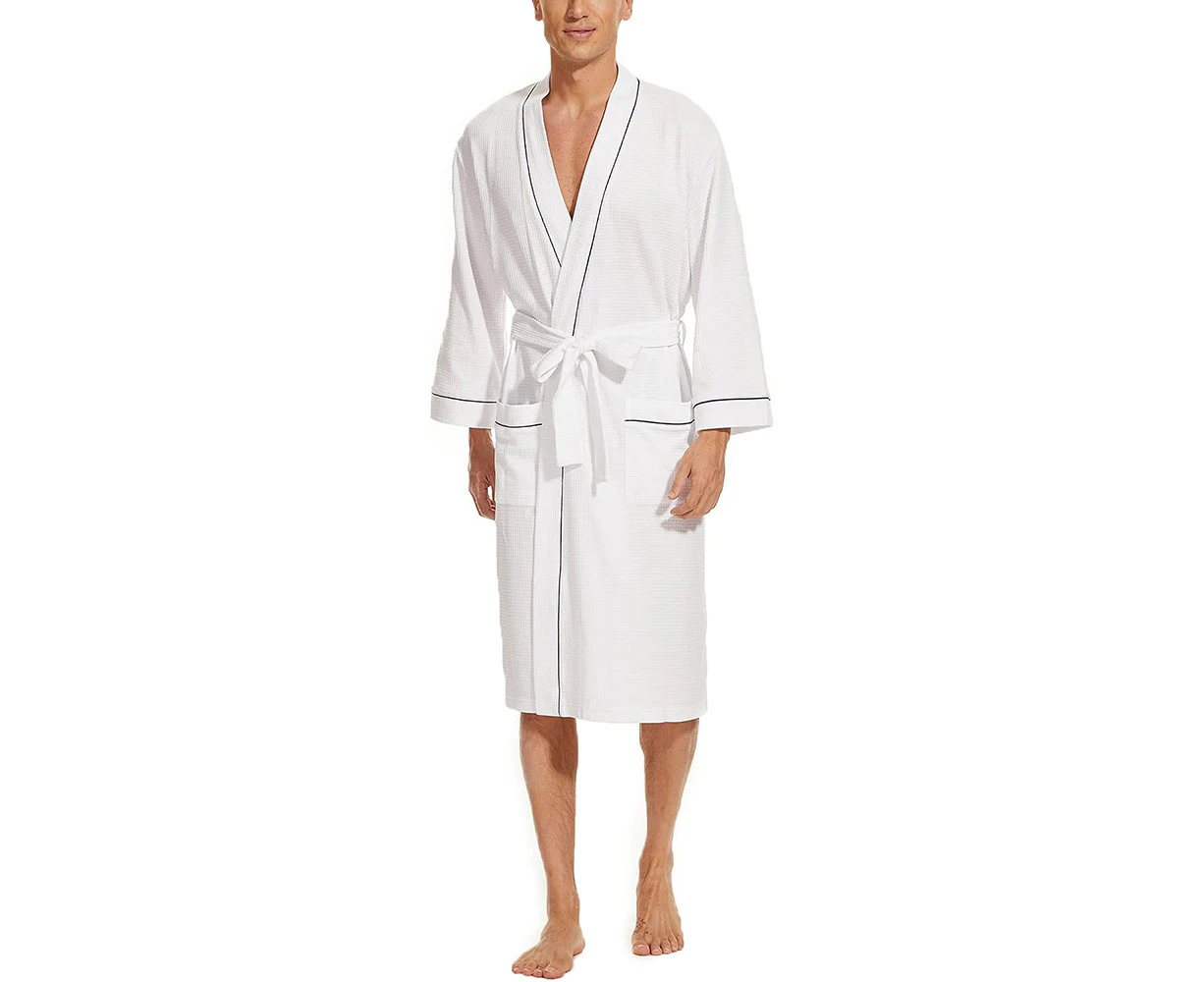 Lightweight Bathrobe Cotton Kimono Waffle Dressing Gown Lover,White