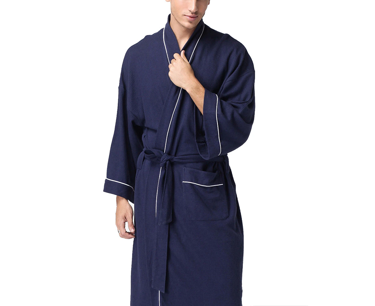 Lightweight Bathrobe Cotton Kimono Waffle Dressing Gown Lover，Navy