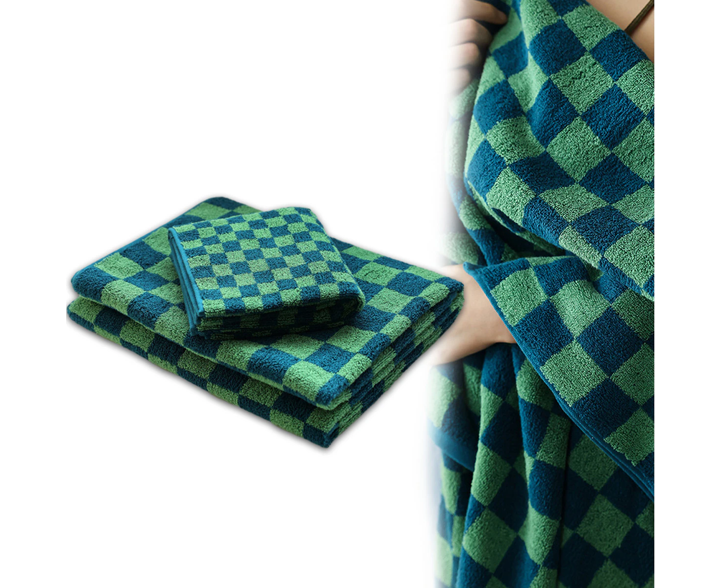 2-Pieces Checkerboard Bath Towels Set- Cotton Towels Set,Absorbent Towel Sets for Bathroom,1 Bath Towels, 1 Hand Towel