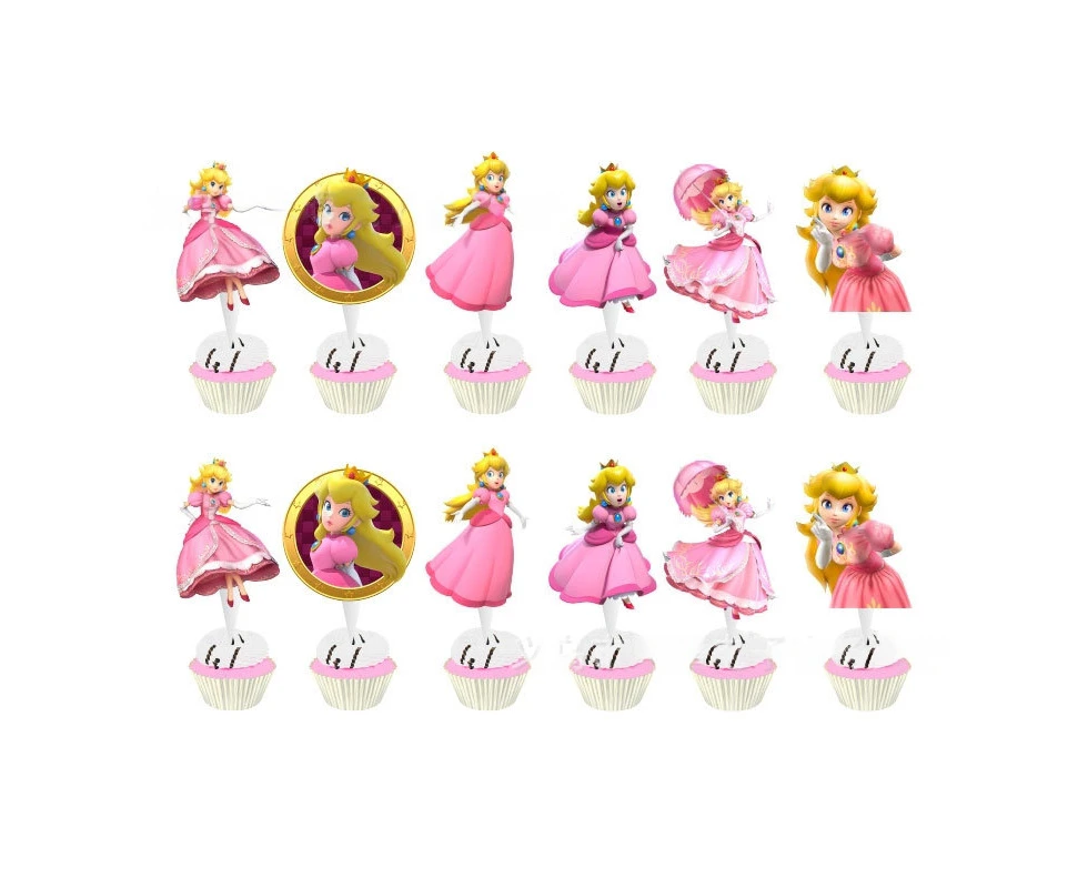 24PC Princess Peach Cupcake Toppers Birthday Decorations Party Supplies