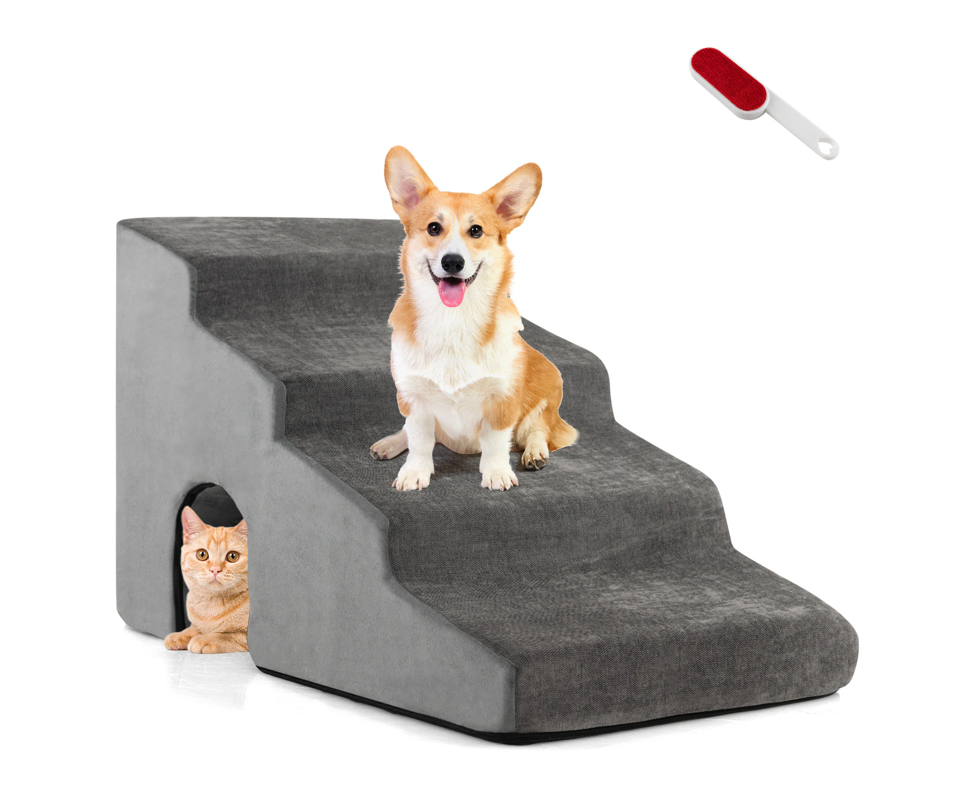 4-Tier Foam Dog Ramps Non-slip Pet Stairs w/Washable Cover & Play Hole Puppy Steps w/Arch & Lint Roller Grey