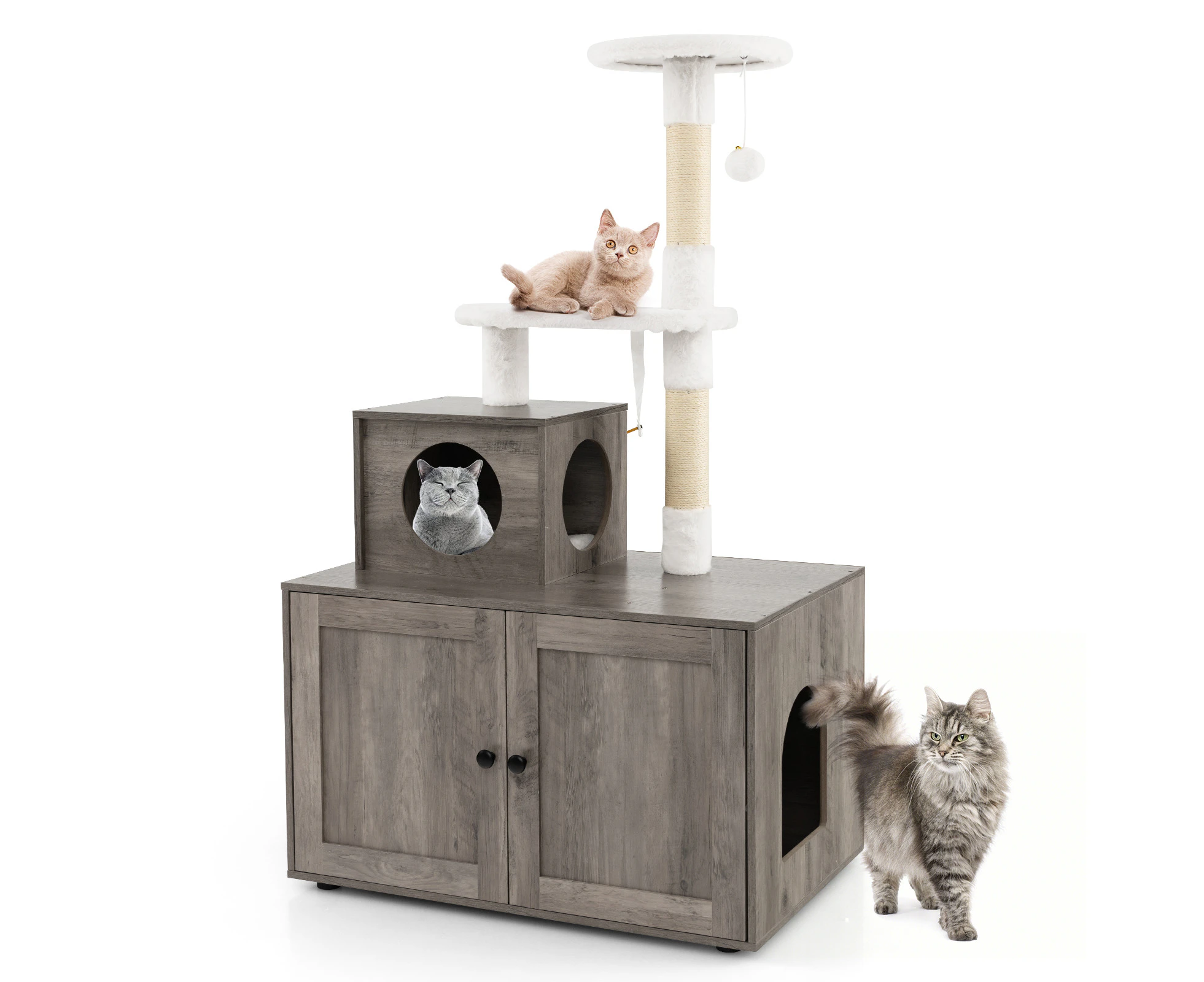 Enclosed Cat Litter Box Kitty Toilet Pet House w/Cat Tree Tower & Scratching Post Cat Cabinet Furniture