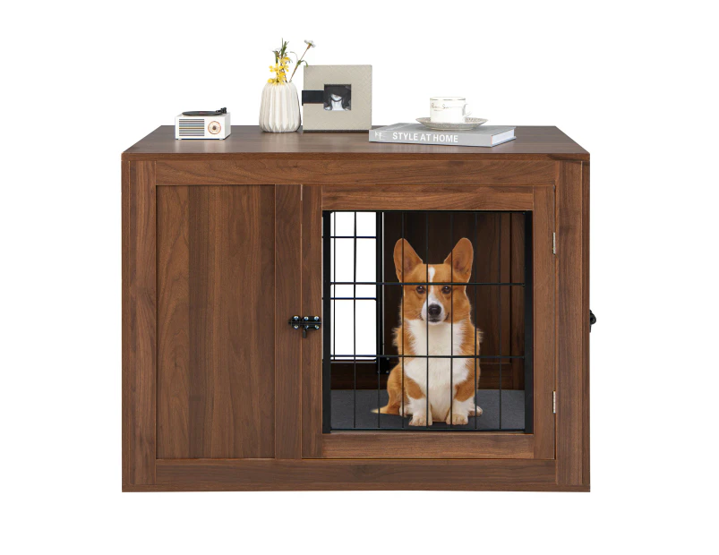 Wooden Pet Cage Dog Crate Dog House w/Cushion & 2 Doors Decorative Dog Kennel End Table