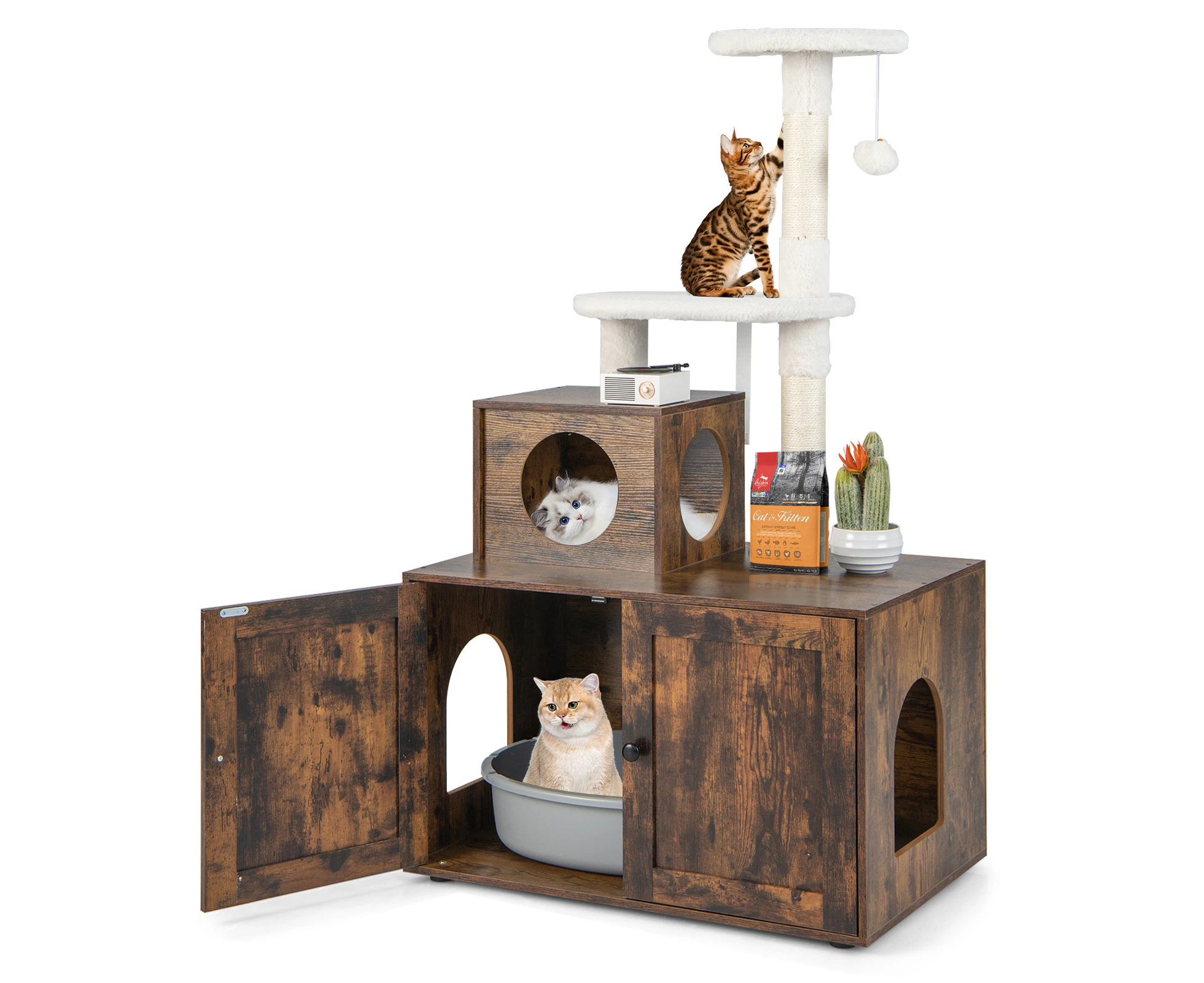 Enclosed Cat Litter Box Kitty Toilet Pet House w/Cat Tree Tower & Scratching Post Cat Cabinet Furniture Brown