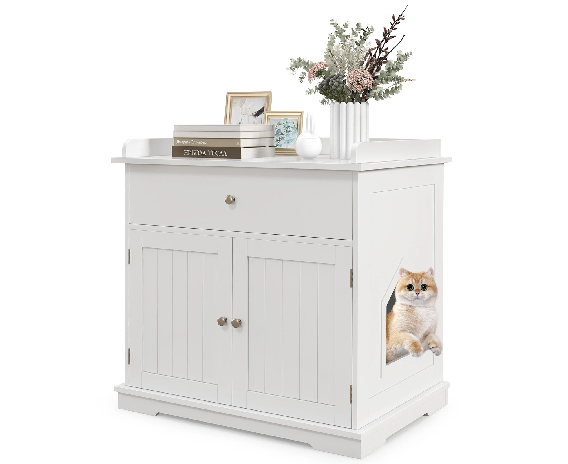 2-Door Enclosed Cat Litter Box Kitty House Cabinet w/Drawer & Entrance Cat Toilet Sideboard White