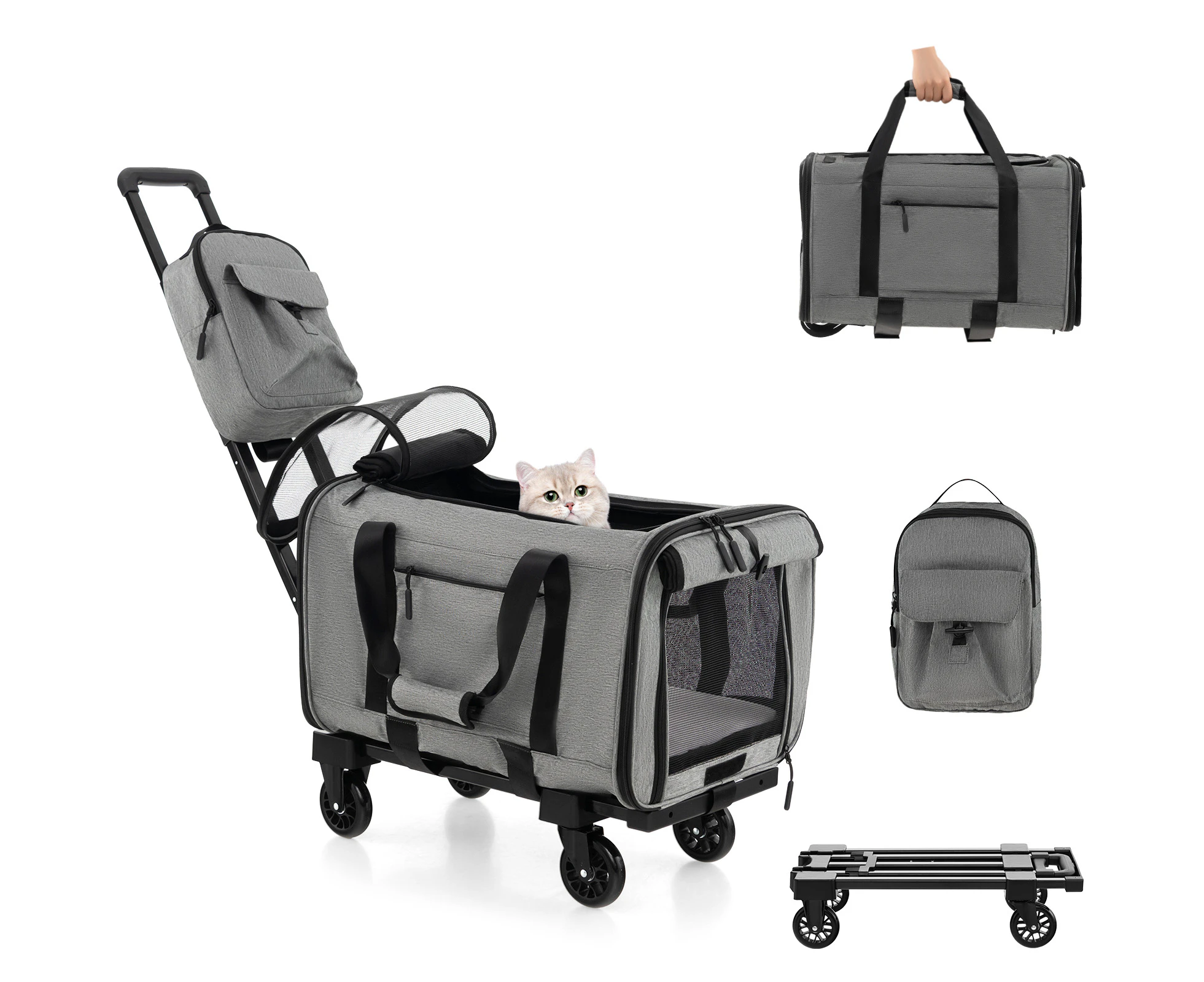 Pet Stroller Pram Mobile Dog Cat Carrier w/Telescopic Handle & Litter Bag Foldable Travel Walk