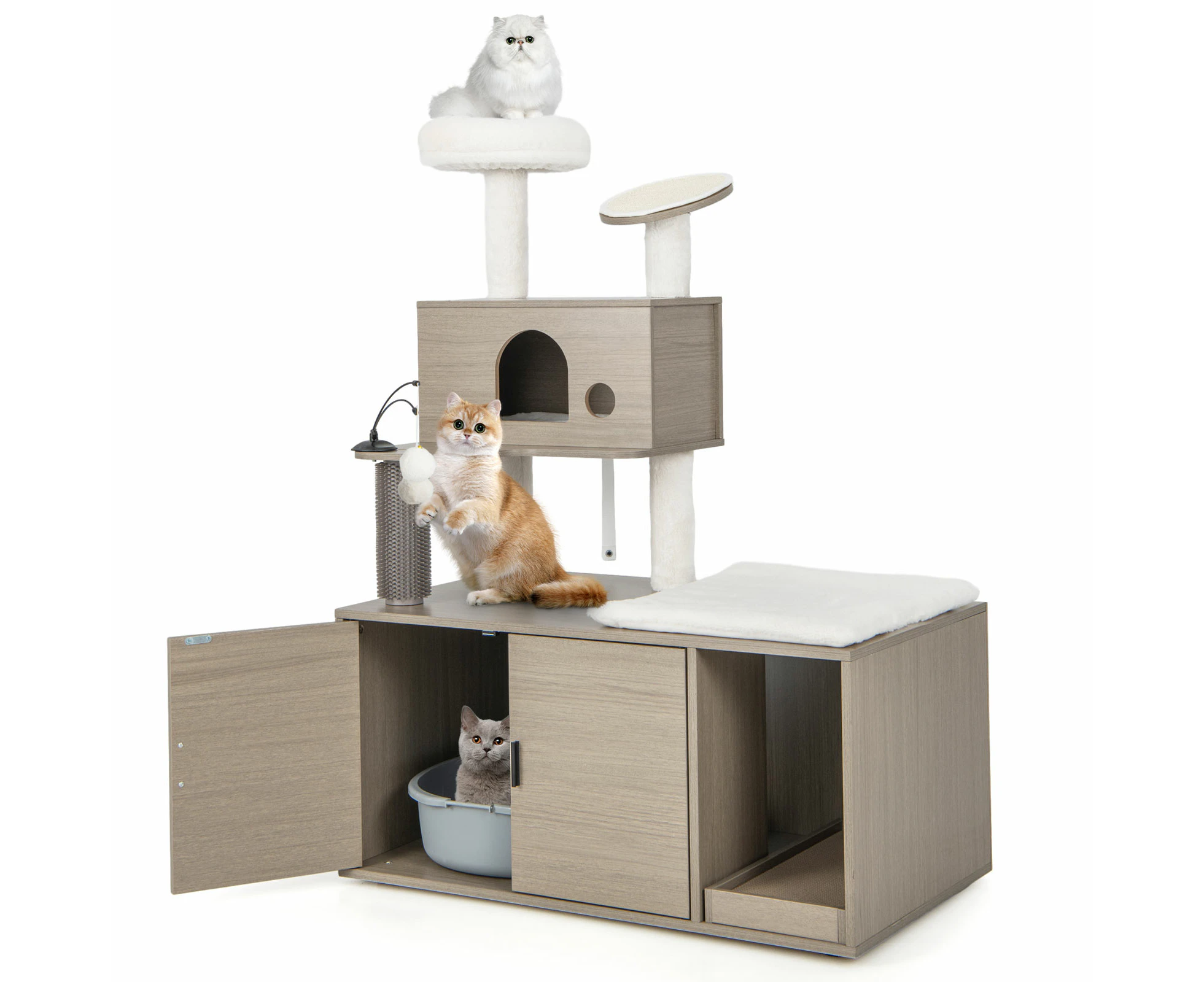 Enclosed Cat Litter Box Hidden Cat Toilet w/Cat Tree & Scratching Board Kitty Play Center